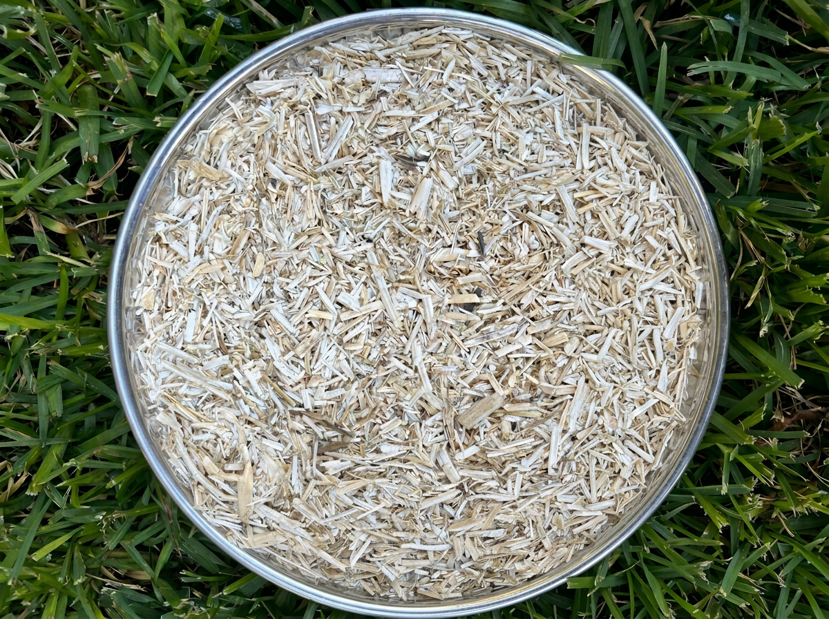Fine-cut hemp hurd bedding — short fibres, ~5–15 mm, for small animals and chickens